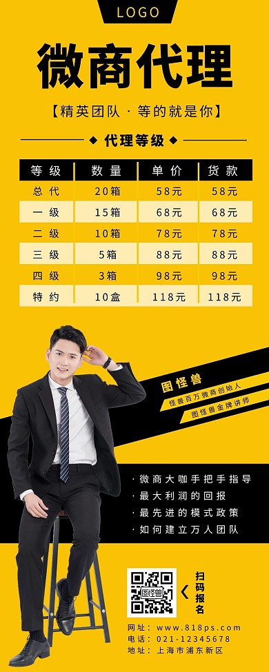 微商代理等级长图黄色人物简约