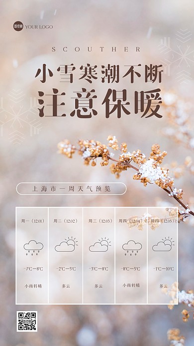 简约小雪寒潮预警摄影图海报