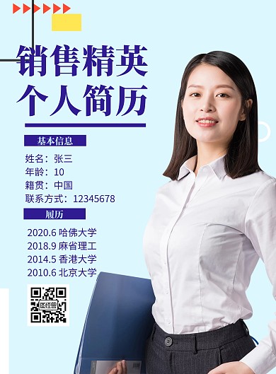 销售精英个人履历蓝色简约竖版海报