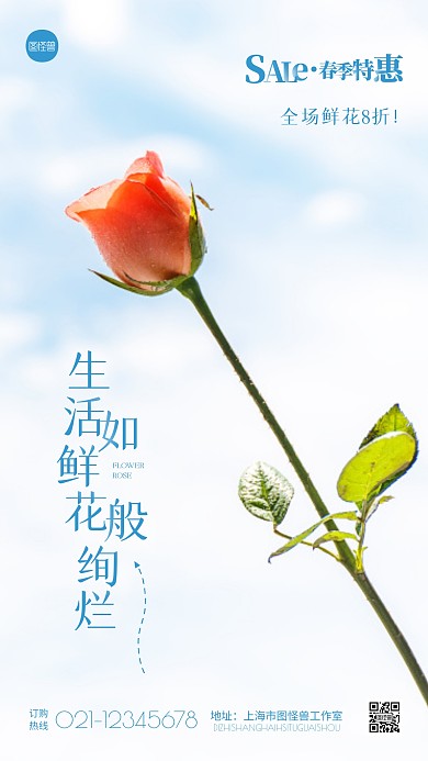 简约蓝色鲜花促销宣传摄影图海报