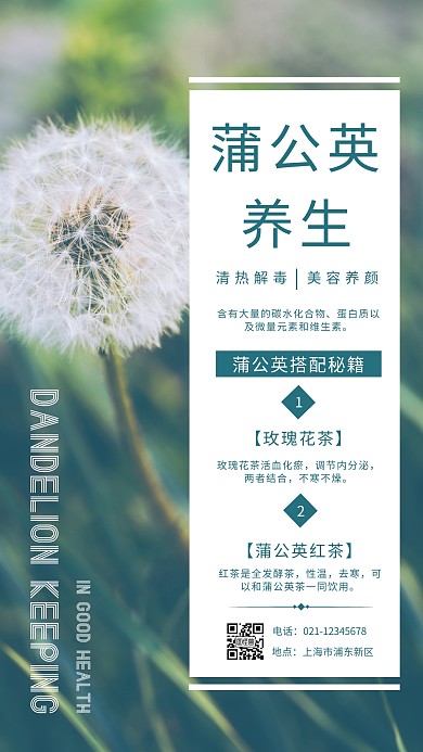 青色摄影图简约蒲公英养生手机海报