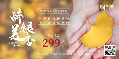 银杏旅游简约黄色落叶横板海报