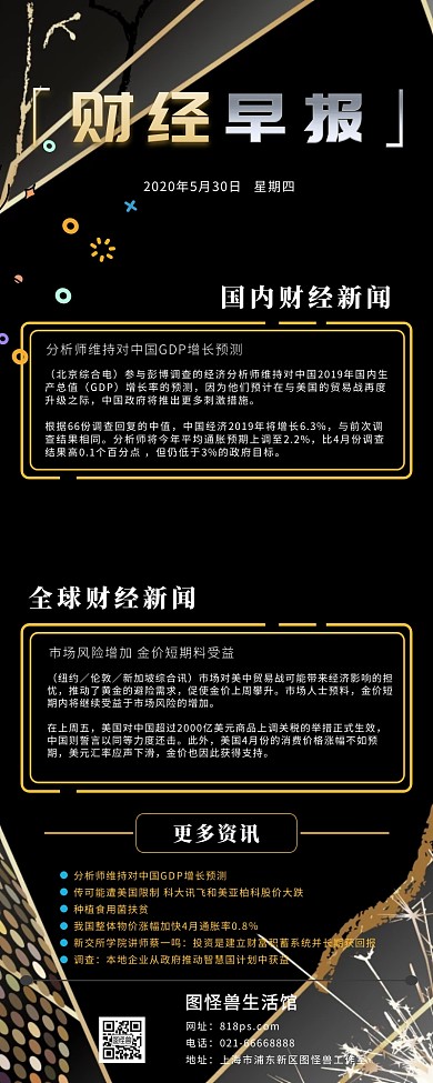 黑金色大气线条财经早报快讯长图