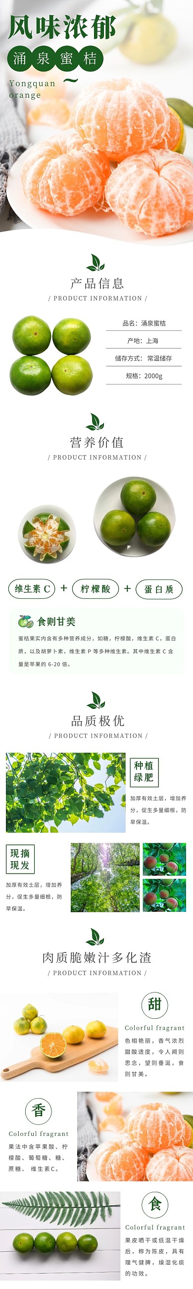 涌泉蜜桔简约手绘绿色食品茶饮详情页