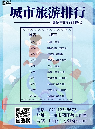 蓝色简约城市旅游排行宣传海报