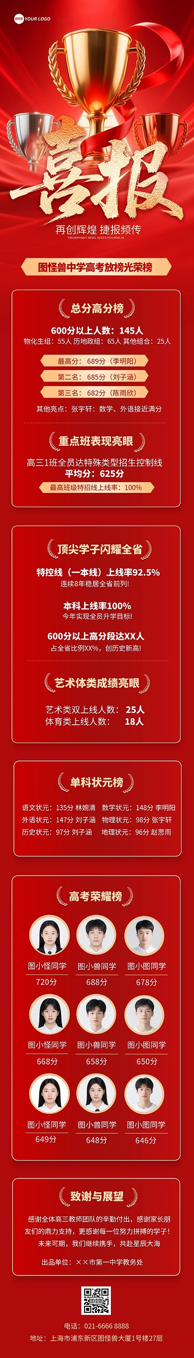 学校喜报高考喜报教育培训红金风文章长图