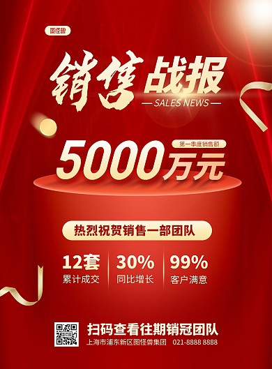 红色大气业绩喜报竖版海报