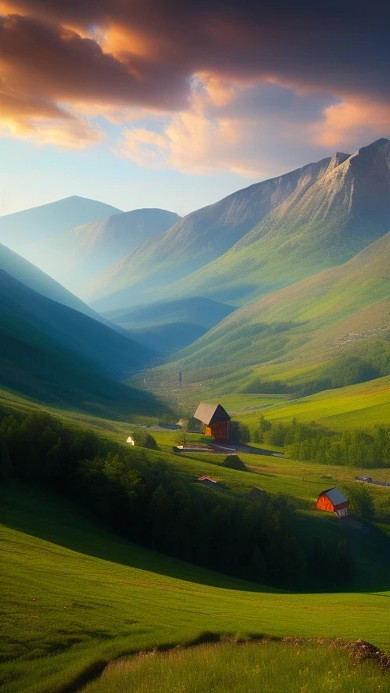 自然风景山谷中央村舍AI数字作品