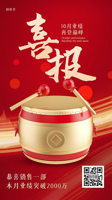 销售业绩喜报红金3D海报