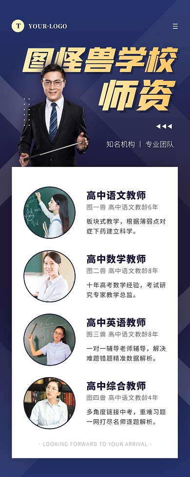 简约风蓝色金色师资介绍营销长图