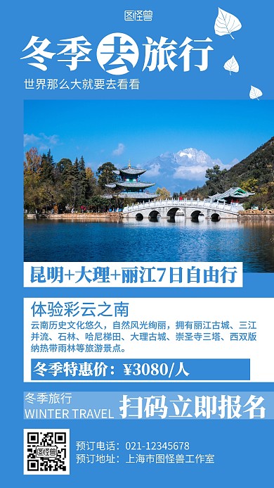 蓝色简约摄影云南冬季旅行海报