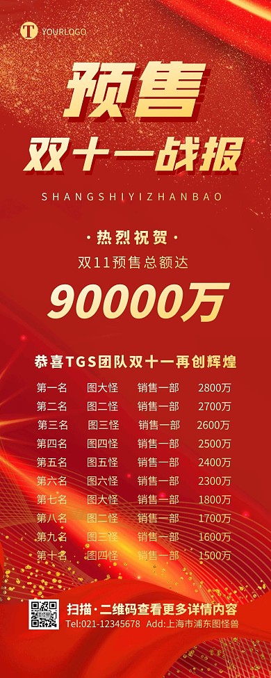 红金大气双十一战报喜报10人捷报营销长图