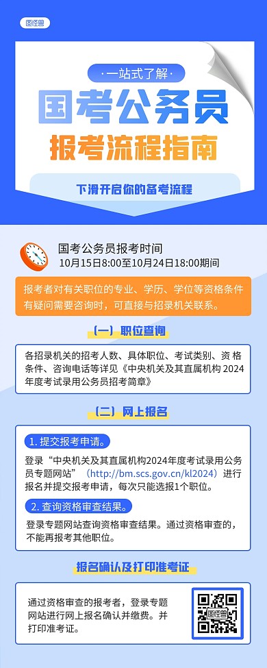 蓝色扁平国考公务员报考流程营销长图