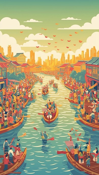 扁平插画风端午节赛龙舟活动场景背景
