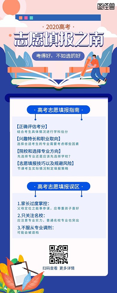 蓝色手绘风格高考志愿填报指南营销长图