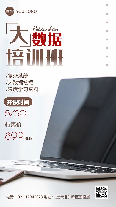 摄影图大数据培训褐色简约风手机海报