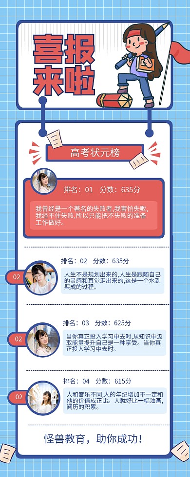 蓝色简约风高考喜报营销长图