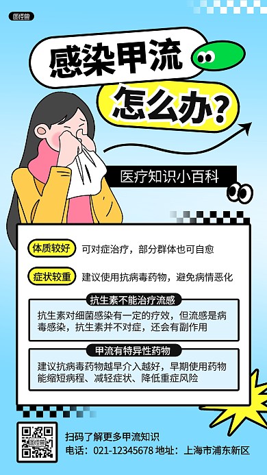 感染甲流怎么办描边海报