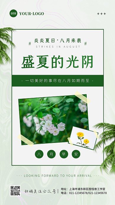 简约风绿色白色八月早安手机海报