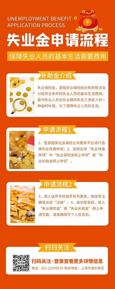 失业金申请流程黄色简约风宣传营销长图