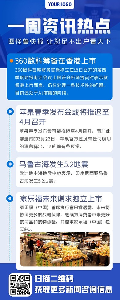 蓝色一周资讯热点新闻早报长图海报