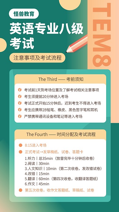 绿色渐变英语专八注意事项手机海报