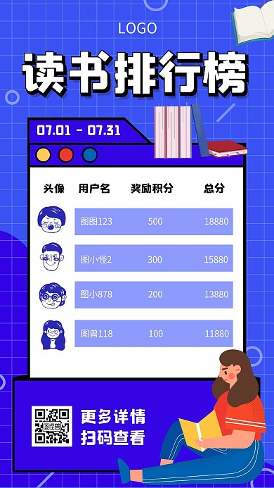 蓝色几何风读书排行榜手机海报