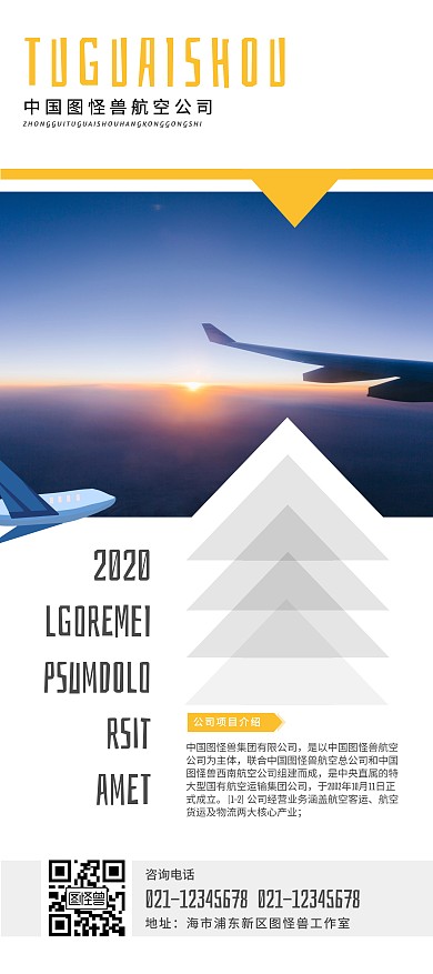 航空公司商务风简介黄色展架