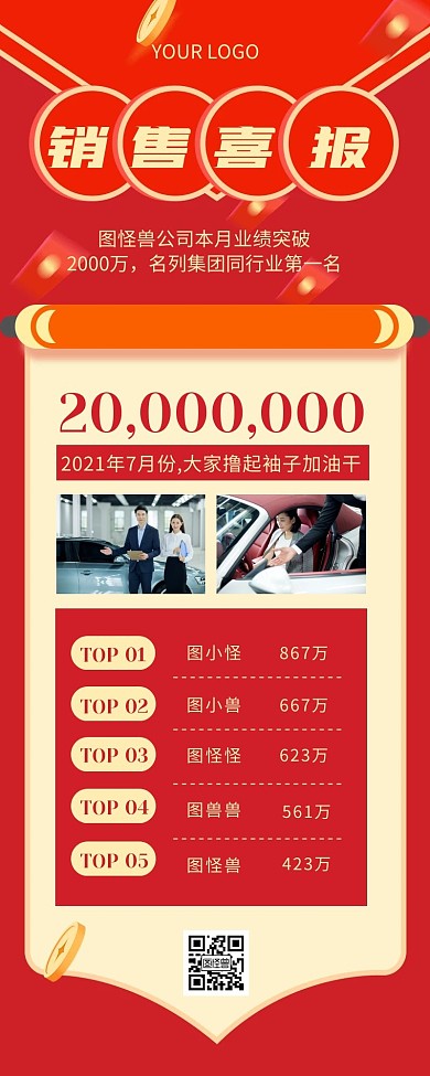 红色简约风汽车销售喜报营销长图