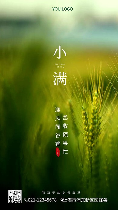 小满24节气小麦绿色植物手机营销海报