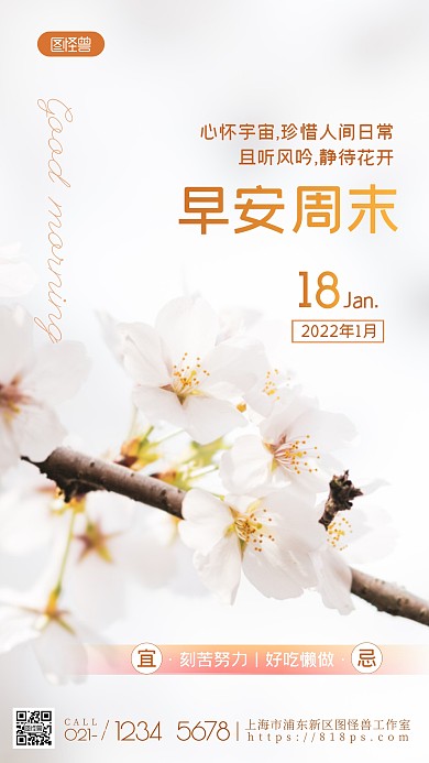 日签周末早安花朵清新白色文艺摄影图海报