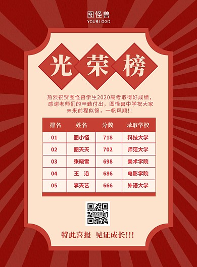 红色复古高考成绩光荣榜海报