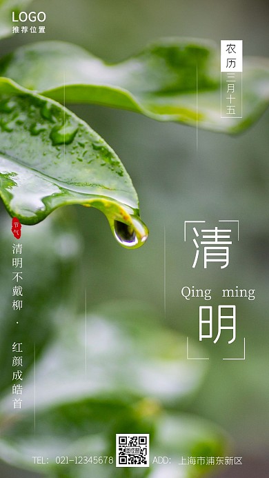 2021年清明节节气清新绿色系手机海报