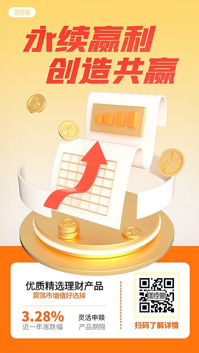 永续赢利理财产品推荐金融橙色3D立体海报