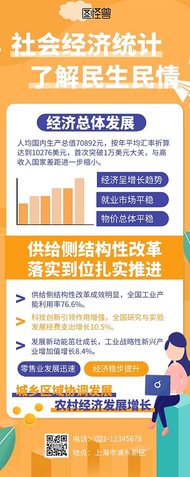 桔色扁平插画营销长图数据统计	