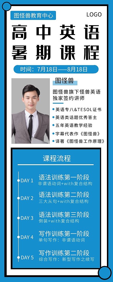 课程流程简约蓝色英语培训班营销长图