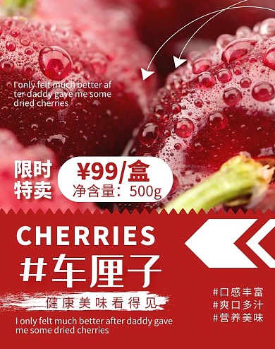 车厘子水果简约大气红色淘宝电商竖版海报