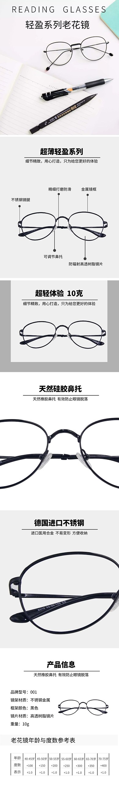 老花镜超轻简约黑白详情页