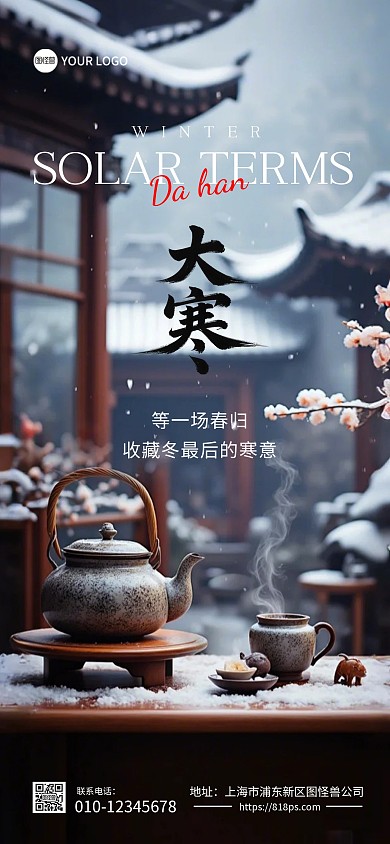 大寒节气问候唯美氛围全屏海报