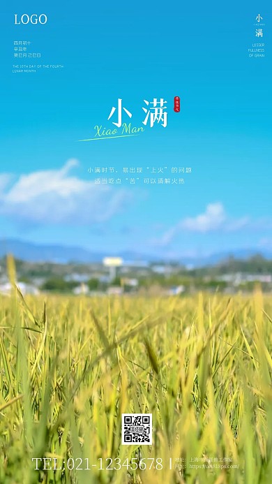 大气蓝天麦田摄影小满日常养生科普手机海报
