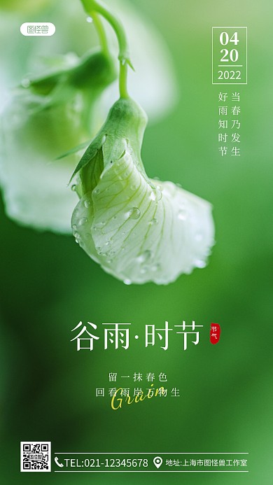 谷雨时节诗词雨滴绿叶摄影图海报