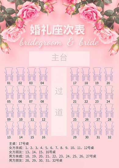 粉红色玫瑰婚礼座次表