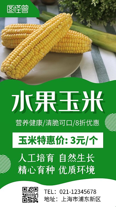 简约大气绿色水果玉米手机海报
