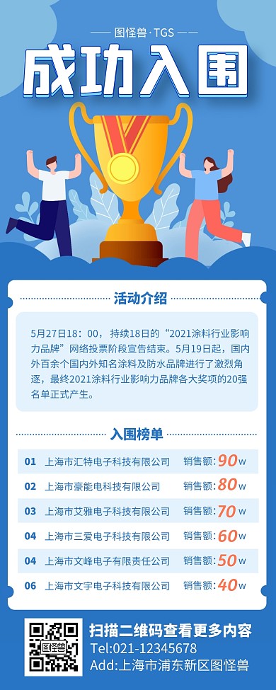 蓝色简约风企业激励入围名单营销长图