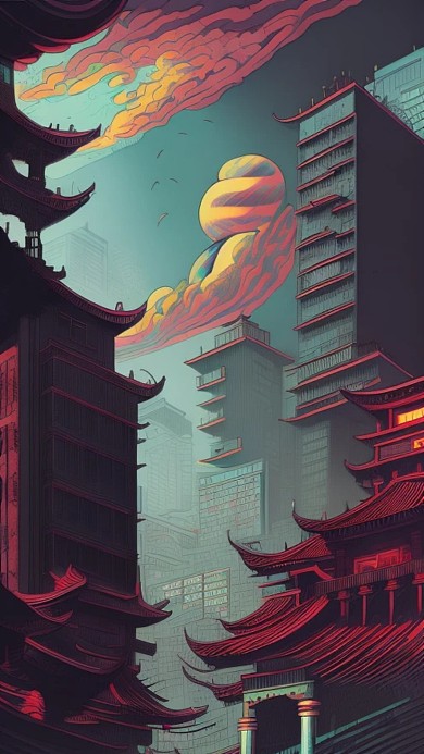 插画赛博朋克城市建筑物AI作品数字插画