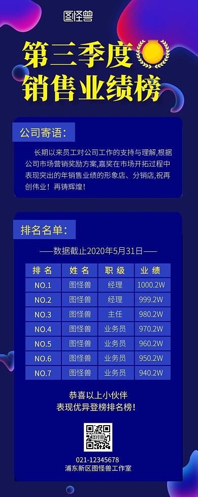 销售业绩榜简约蓝色营销长图海报