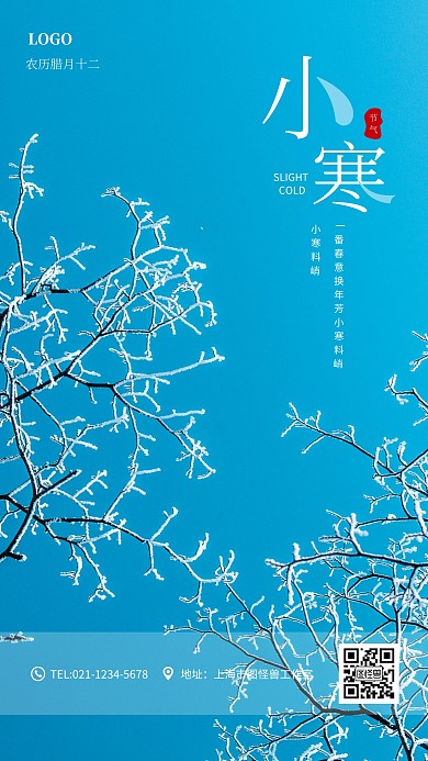 蓝色雪花小寒节气手机海报