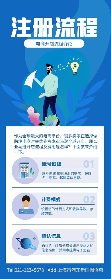 蓝色扁平风注册流程超长图