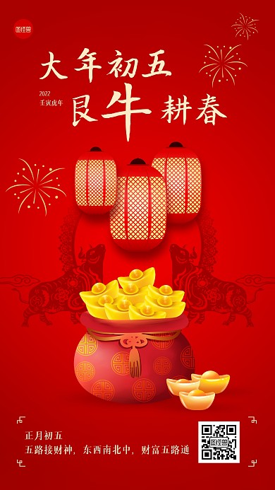 虎年春节正月初五习俗手机海报