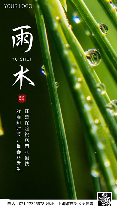 简约风摄影图保险雨水节气问候手机海报